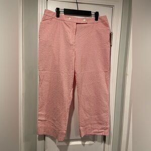 Jones Studio Size 14 Pink White Stripe Seersucker Cotton Stretch Cropped Pants
